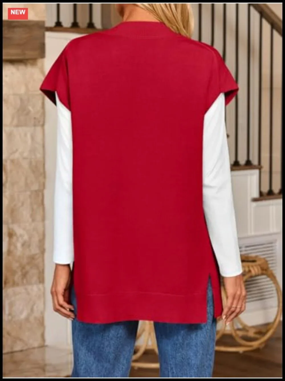 Oversized V-Neck Button-Up Sweater Vest Long Sleeveless Knit Cardigan